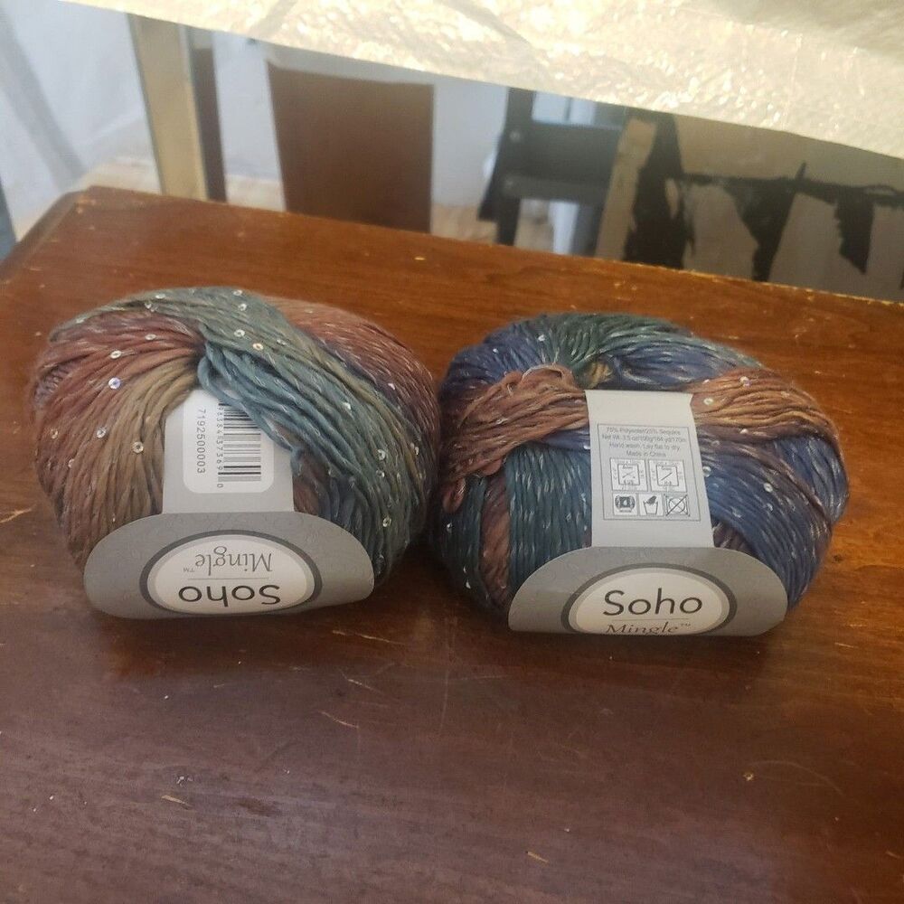 NEW SOHO Mingle yarn variegated yarn-blue, green, brown, tan w sequins 2 skein